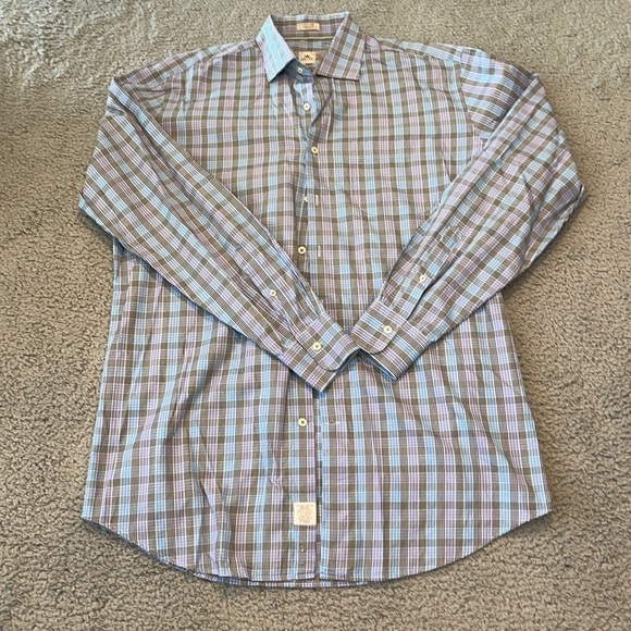 Peter Millar Mens Long Sleeve Plaid Check Black Blue purple Button Large COTTON - Picture 1 of 10